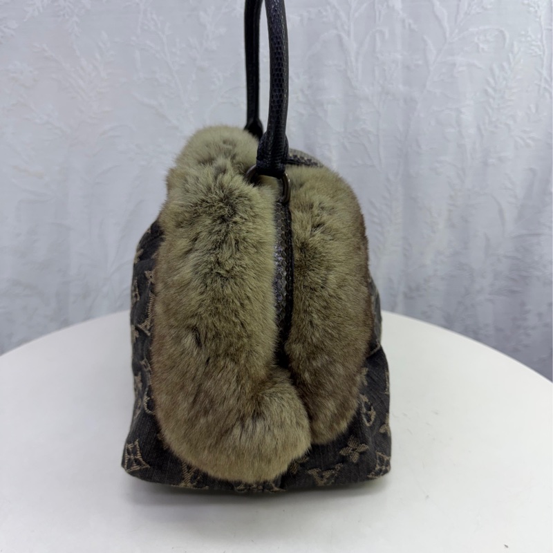 LOUIS VUITTON Monogram Denim/r 美栗鼠皮毛/蛇皮皮革Handbag金扣-7