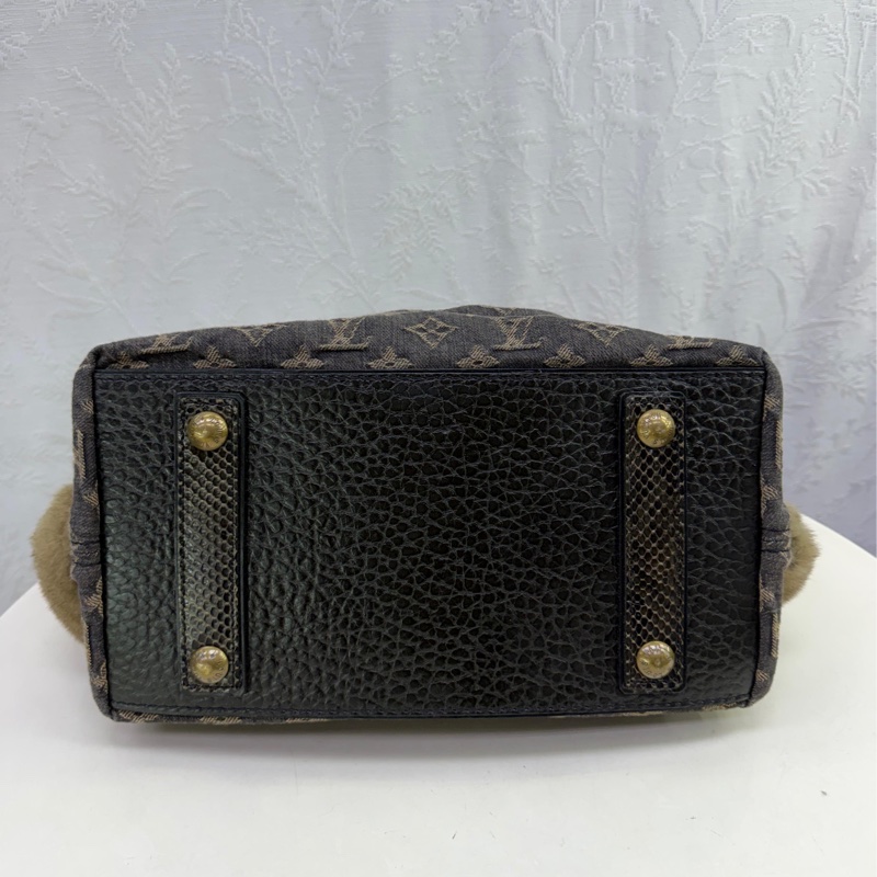 LOUIS VUITTON Monogram Denim/r 美栗鼠皮毛/蛇皮皮革Handbag金扣-8