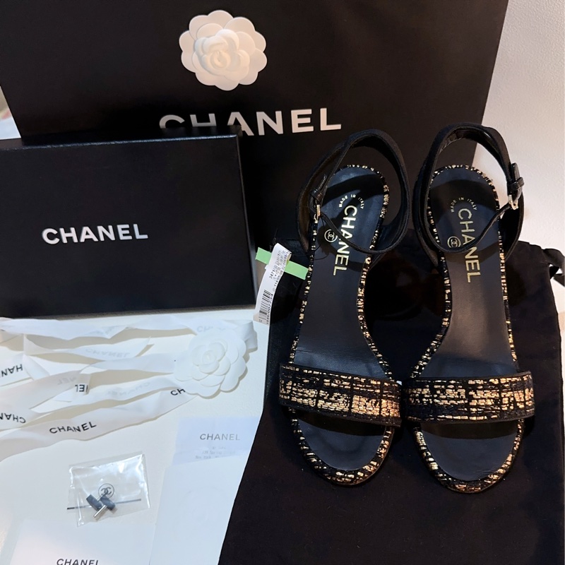Chanel 經典織布高跟涼鞋95成新 37號-0