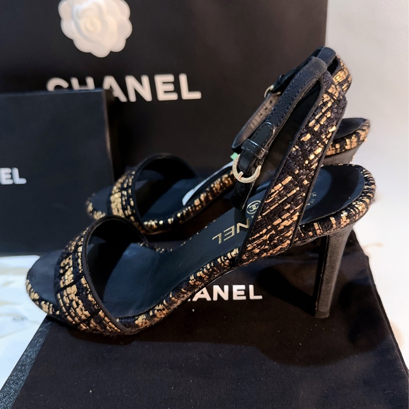 Chanel 經典織布高跟涼鞋95成新 37號-1