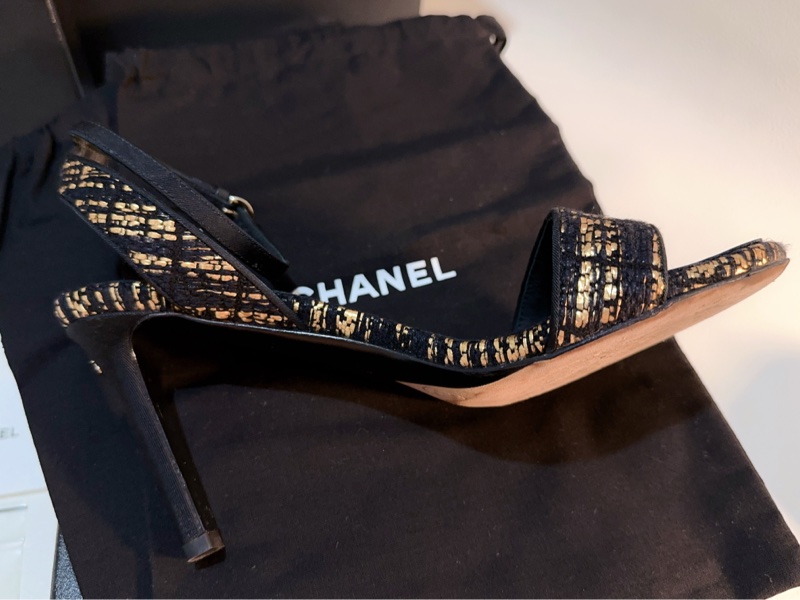 Chanel 經典織布高跟涼鞋95成新 37號-4