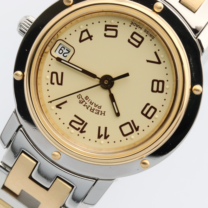 愛馬仕 Clipper 系列腕錶，鍍金不鏽鋼材質，女士款，象牙色，CL4.220-9