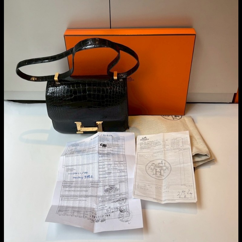 Hermes 金釦黑亮鱷魚皮康康包 constance 23-3