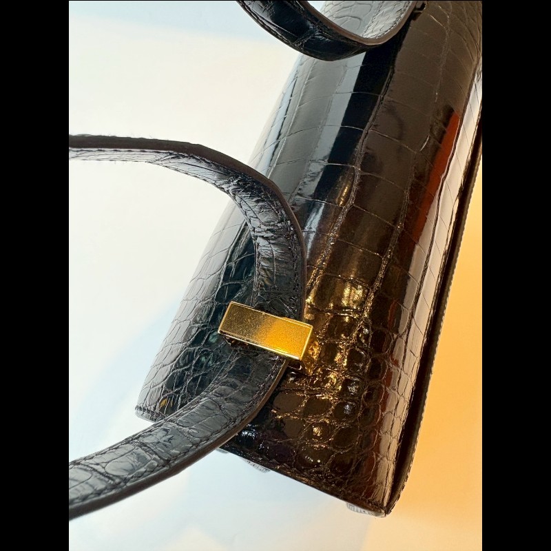 Hermes 金釦黑亮鱷魚皮康康包 constance 23-5