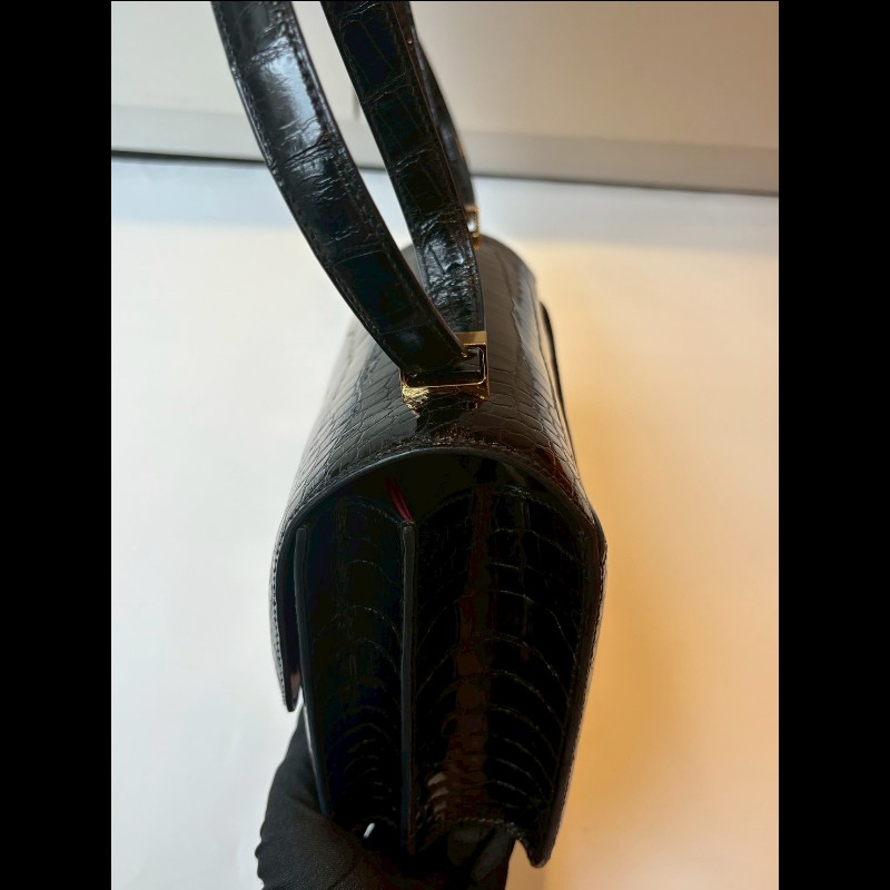 Hermes 金釦黑亮鱷魚皮康康包 constance 23-9