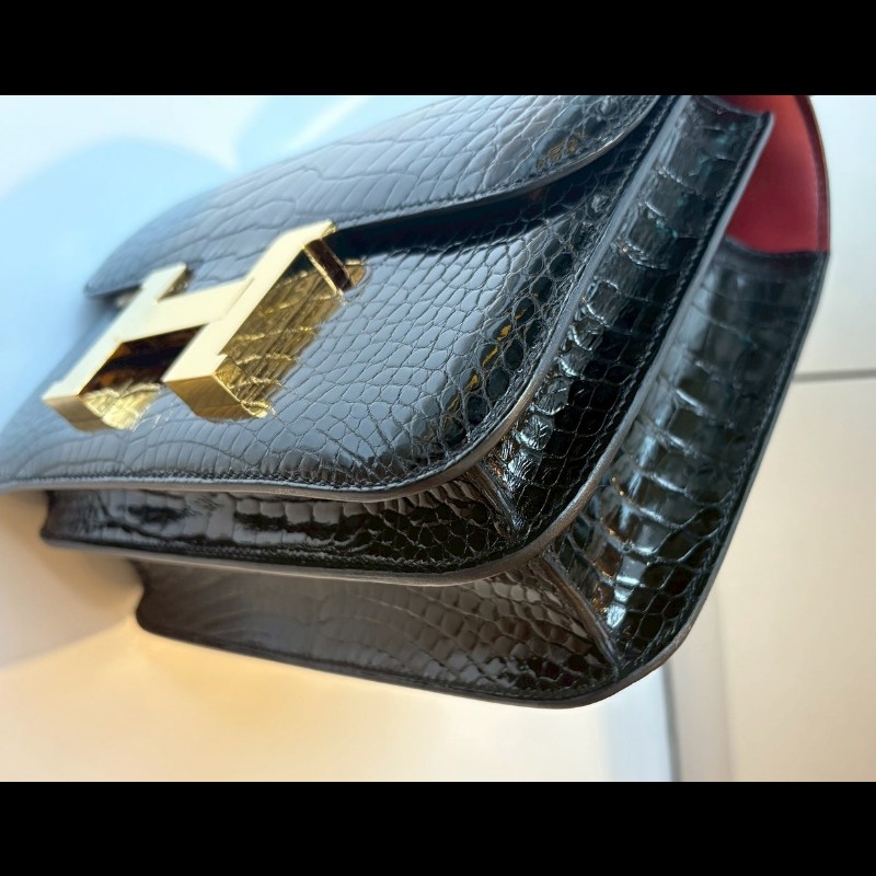 Hermes 金釦黑亮鱷魚皮康康包 constance 23-10