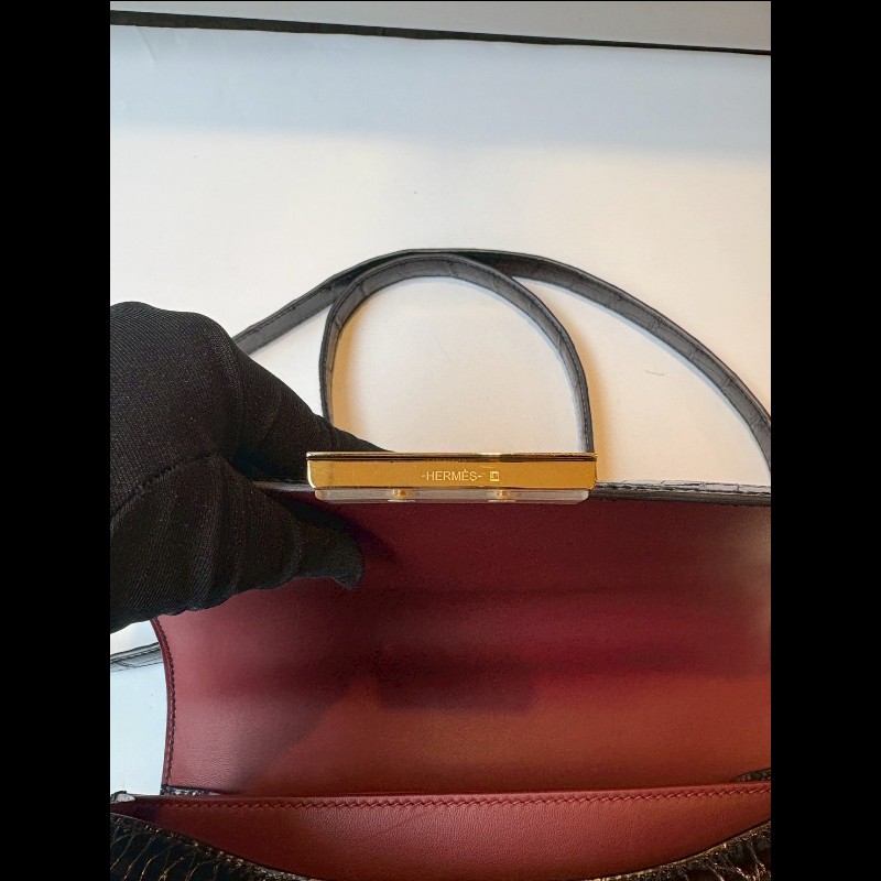 Hermes 金釦黑亮鱷魚皮康康包 constance 23-27