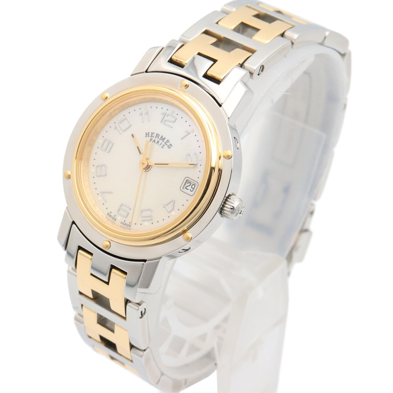 愛馬仕 Clipper Nacrée 女士腕錶，鍍金款，不鏽鋼錶殼，白色錶盤，白色錶殼，CL4.220-1