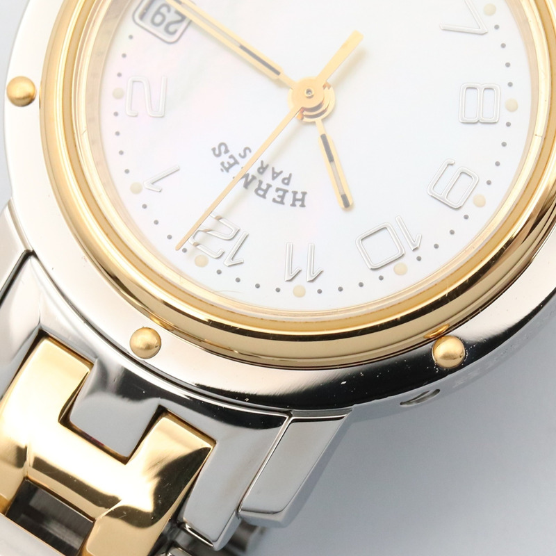 愛馬仕 Clipper Nacrée 女士腕錶，鍍金款，不鏽鋼錶殼，白色錶盤，白色錶殼，CL4.220-9