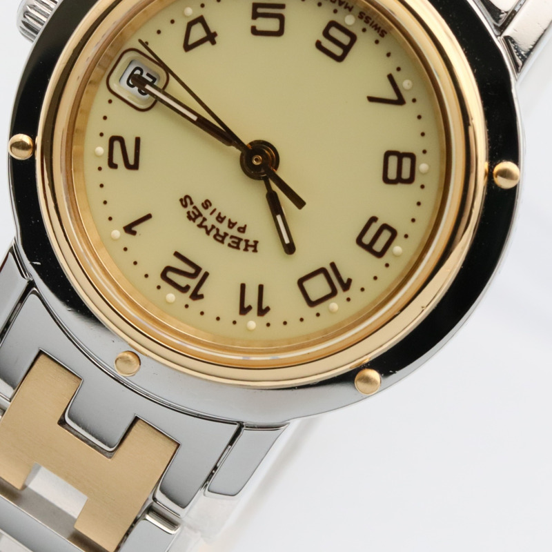 愛馬仕 Clipper 系列腕錶，鍍金不鏽鋼材質，女士款，象牙色，CL4.220-10