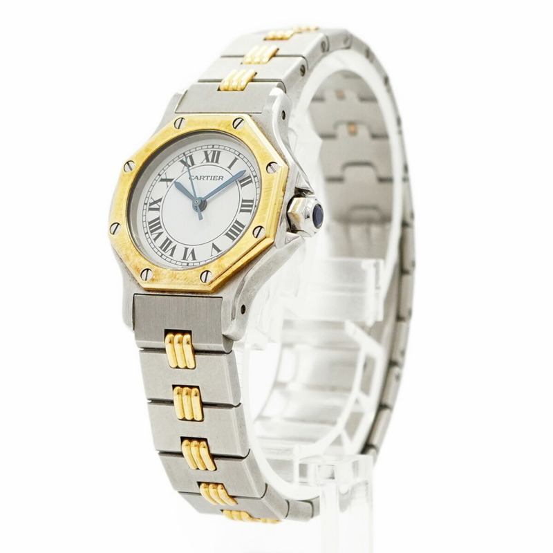 卡地亞 Santos 八角形 Godron 手鐲白色錶盤女士腕錶-2