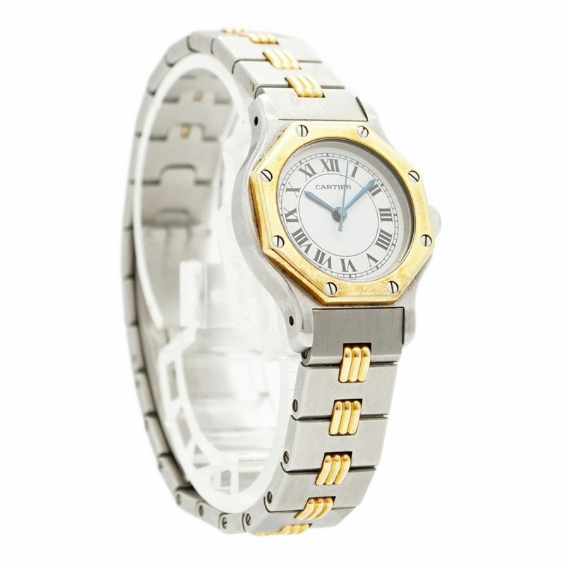 卡地亞 Santos 八角形 Godron 手鐲白色錶盤女士腕錶-3
