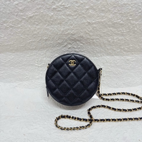 Chanel黑金荔枝牛皮皮穿鏈可愛小圓餅