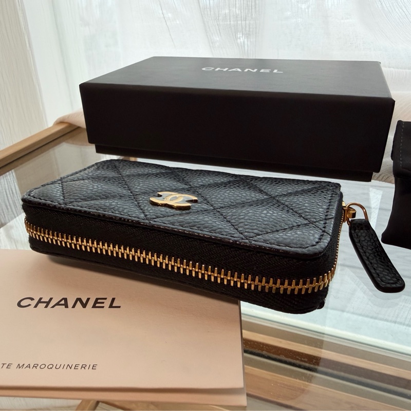 全新 CHANEL荔枝紋牛皮金釦經典拉鍊零錢包-2