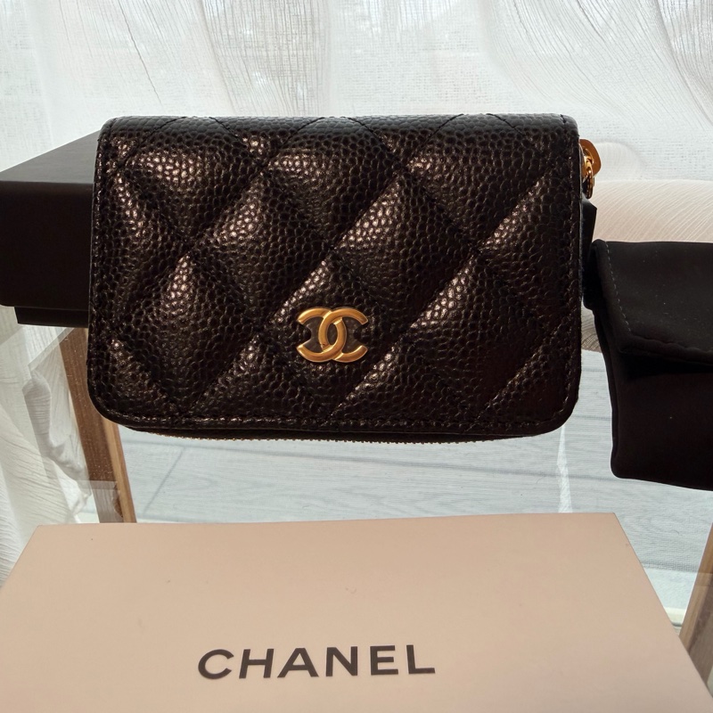 全新 CHANEL荔枝紋牛皮金釦經典拉鍊零錢包-5