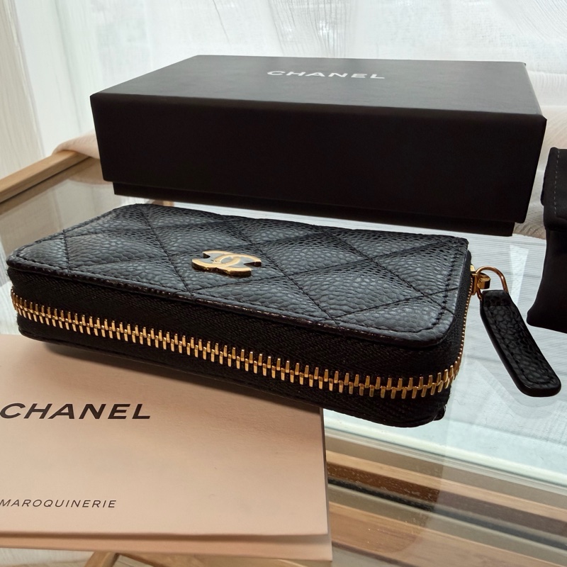 全新 CHANEL荔枝紋牛皮金釦經典拉鍊零錢包-8