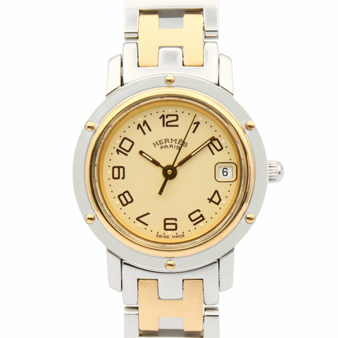 愛馬仕 Clipper 系列腕錶，鍍金不鏽鋼材質，女士款，象牙色，CL4.220