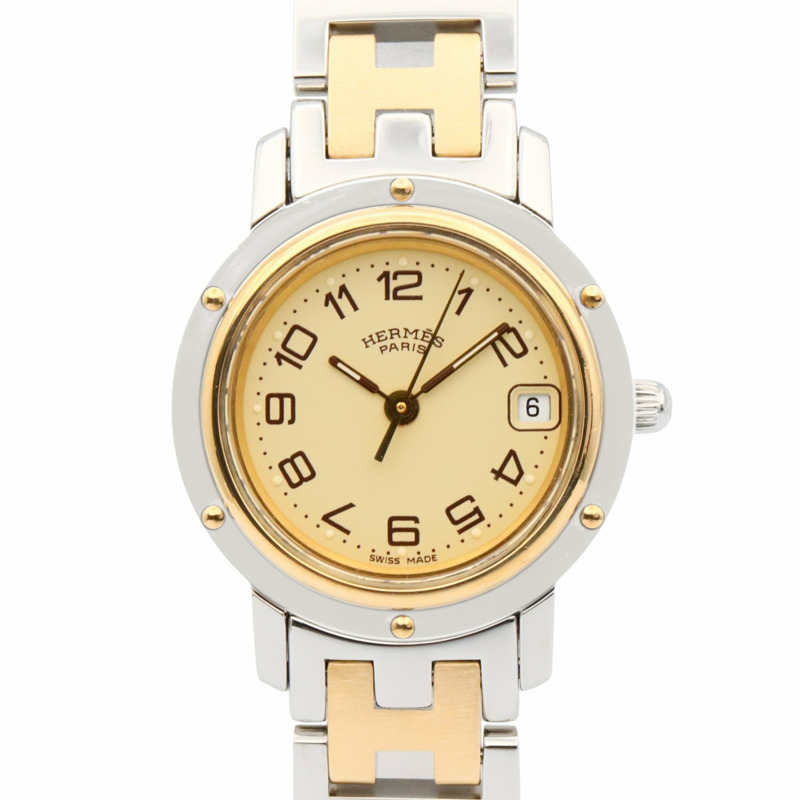 愛馬仕 Clipper 系列腕錶，鍍金不鏽鋼材質，女士款，象牙色，CL4.220-0