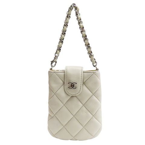 白色 羊皮 鏈帶 手拿包 銀釦【CHANEL 香奈兒】