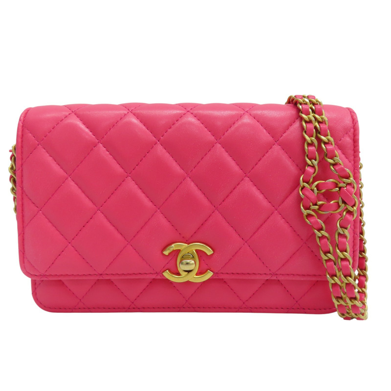 桃紅色 羊皮 WOC 雙鏈包 金釦【CHANEL 香奈兒】 AP3244-0