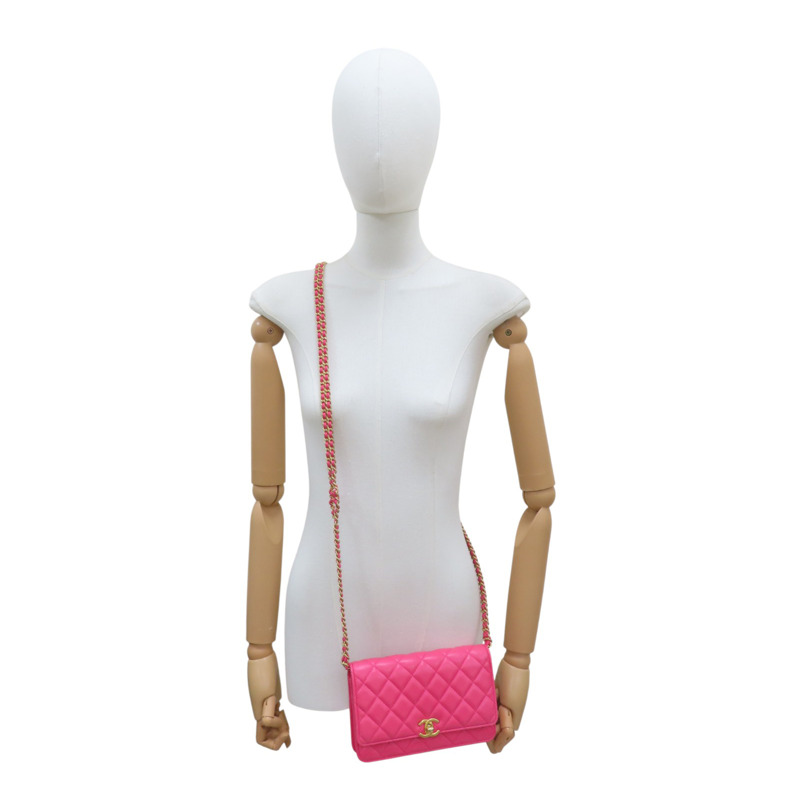 桃紅色 羊皮 WOC 雙鏈包 金釦【CHANEL 香奈兒】 AP3244-8