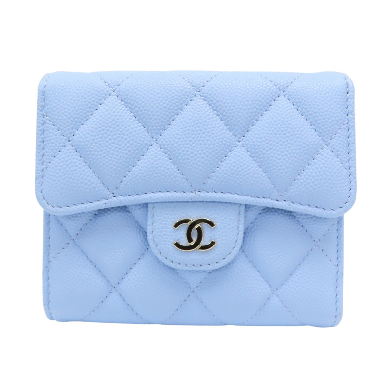 藍色 荔枝紋 牛皮 銀扣 三折短夾 【CHANEL 香奈兒】-0