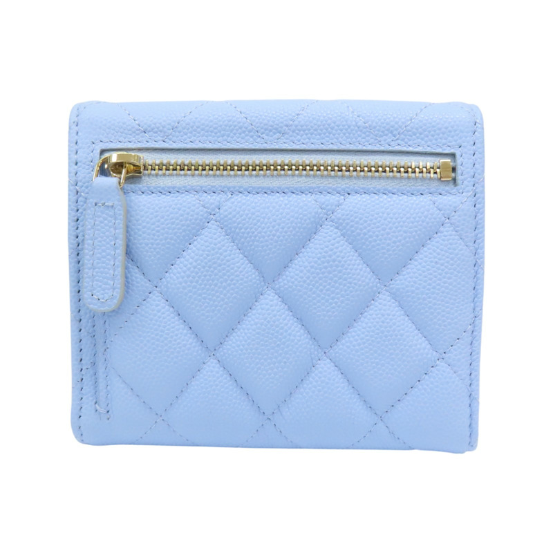 藍色 荔枝紋 牛皮 銀扣 三折短夾 【CHANEL 香奈兒】-1