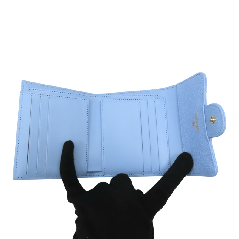 藍色 荔枝紋 牛皮 銀扣 三折短夾 【CHANEL 香奈兒】-4