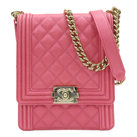 粉色 荔枝紋 牛皮 North South BOY 鍊帶 金扣 肩背包【CHANEL 香奈兒】 AS0130