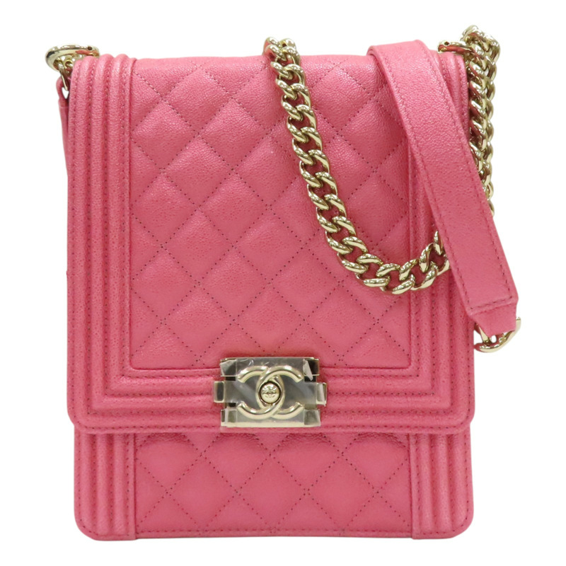 粉色 荔枝紋 牛皮 North South BOY 鍊帶 金扣 肩背包【CHANEL 香奈兒】 AS0130-0