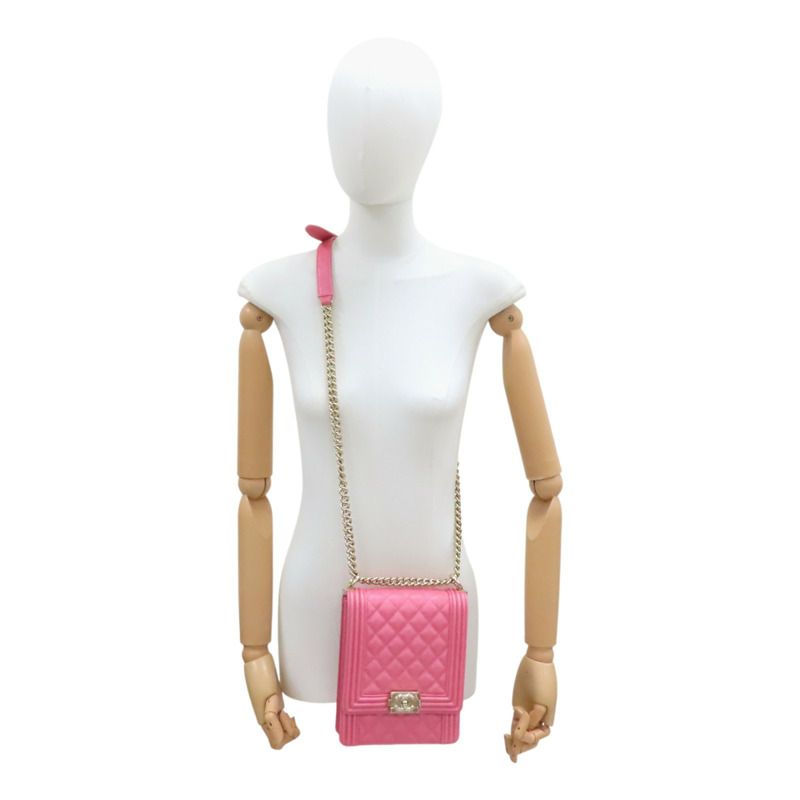 粉色 荔枝紋 牛皮 North South BOY 鍊帶 金扣 肩背包【CHANEL 香奈兒】 AS0130-11