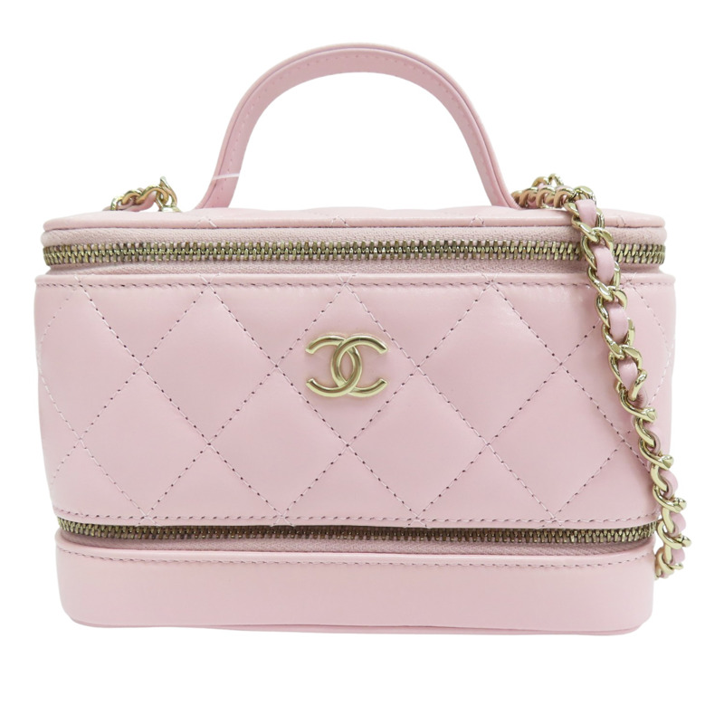 粉色 羊皮 鏈帶 化妝盒 肩背包 金釦【CHANEL 香奈兒】-0