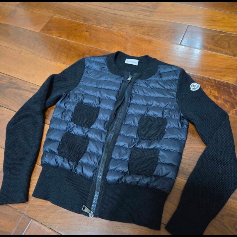 Moncler Cardigan經典款黑色拼接針織羽絨外套-5