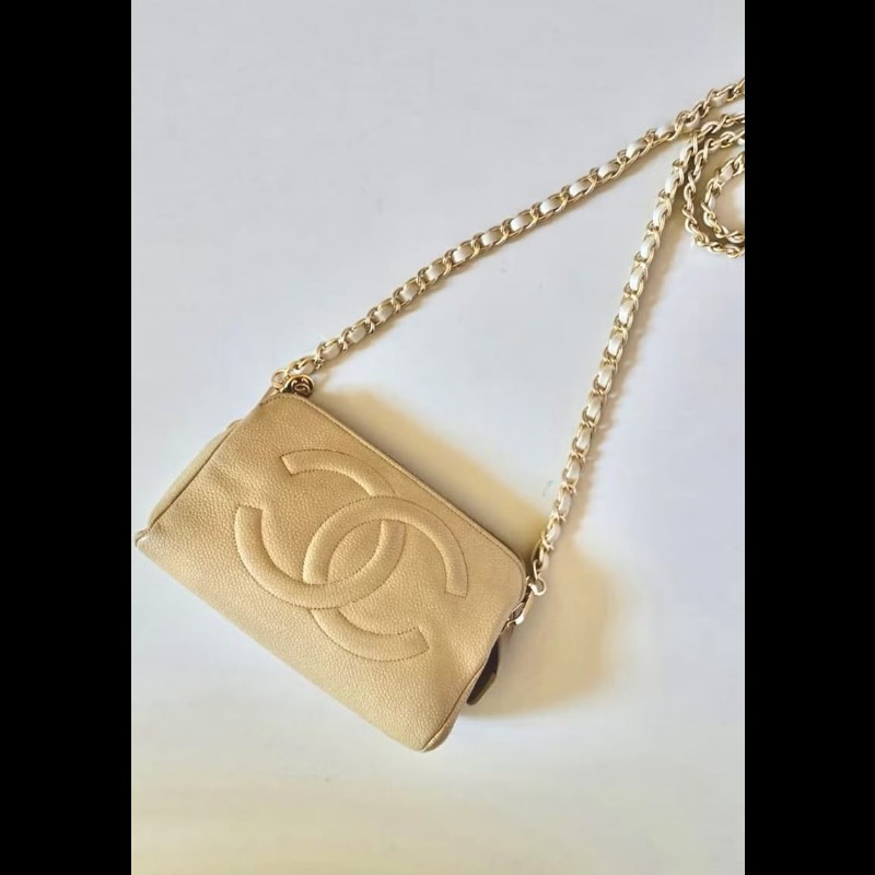 【LA LUNE】絕版中古包 Chanel米杏色魚子醬皮革斜背包 單肩包 側背包 二手-0