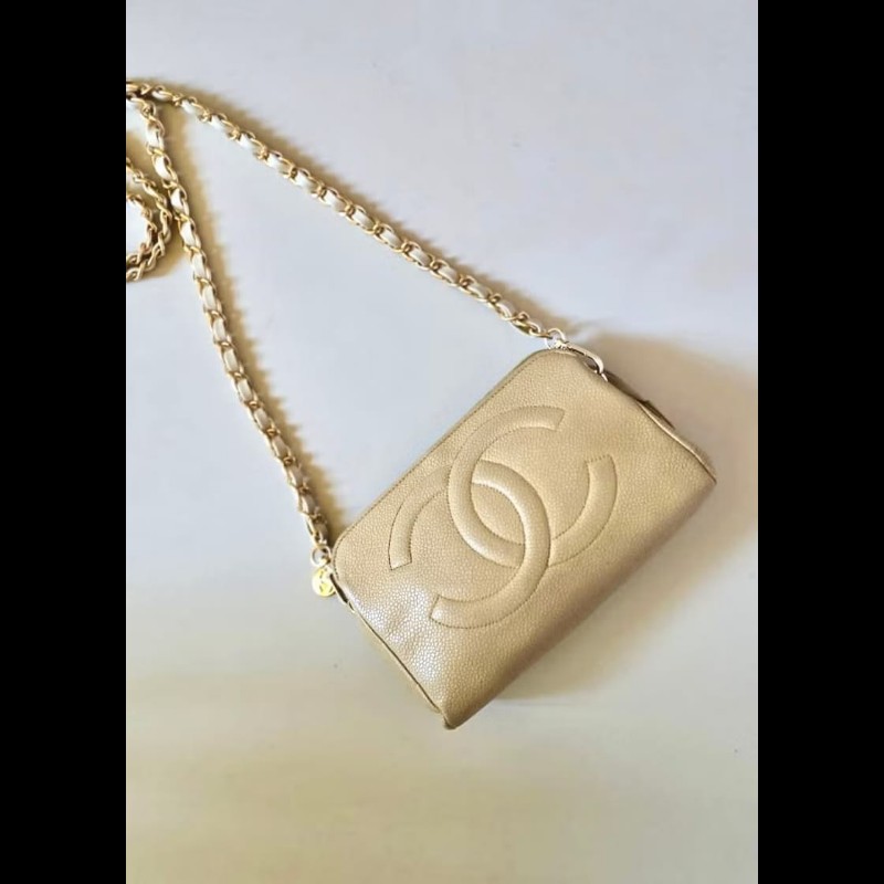 【LA LUNE】絕版中古包 Chanel米杏色魚子醬皮革斜背包 單肩包 側背包 二手-1