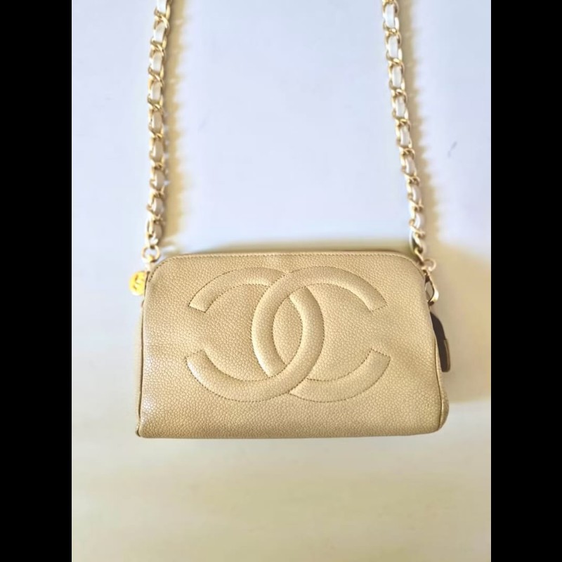 【LA LUNE】絕版中古包 Chanel米杏色魚子醬皮革斜背包 單肩包 側背包 二手-7