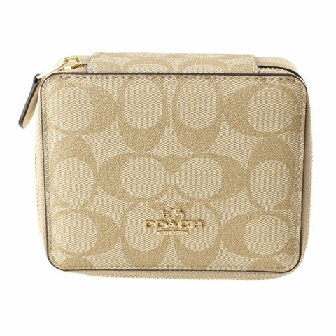 【COACH】滿版LOGO皮革收納盒-卡其白