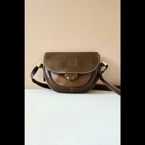 【LA LUNE】絕版古董包 Loewe咖啡色馬鞍側背包 斜背包 皮革包 單肩包 中古包