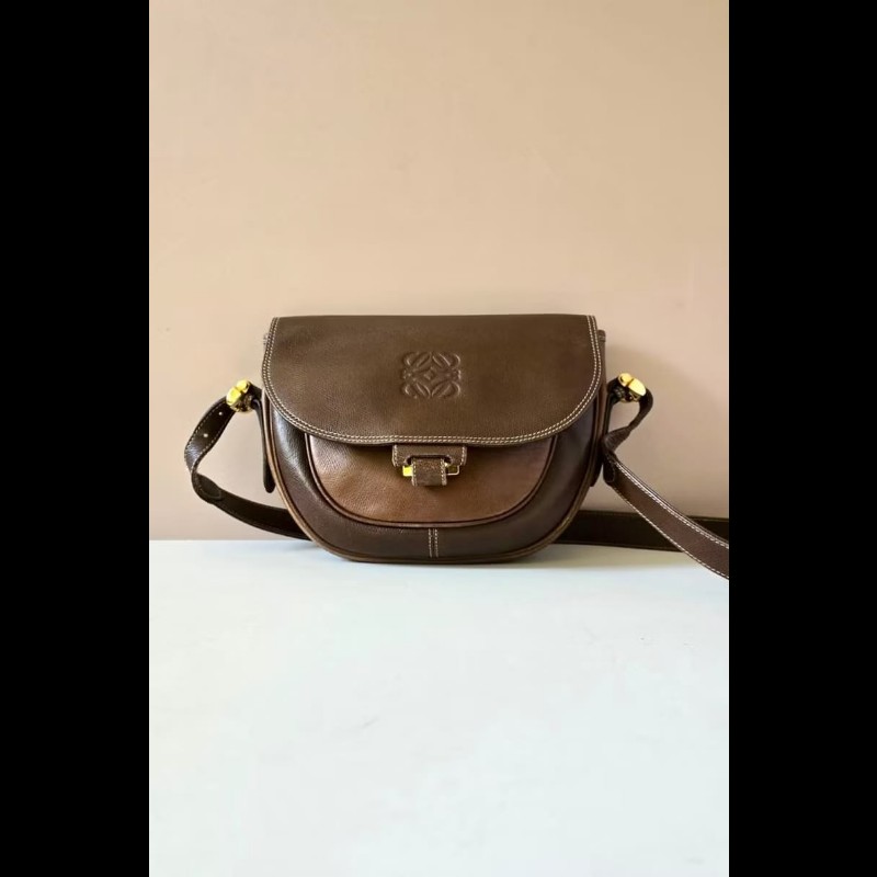 【LA LUNE】絕版古董包 Loewe咖啡色馬鞍側背包 斜背包 皮革包 單肩包 中古包-0