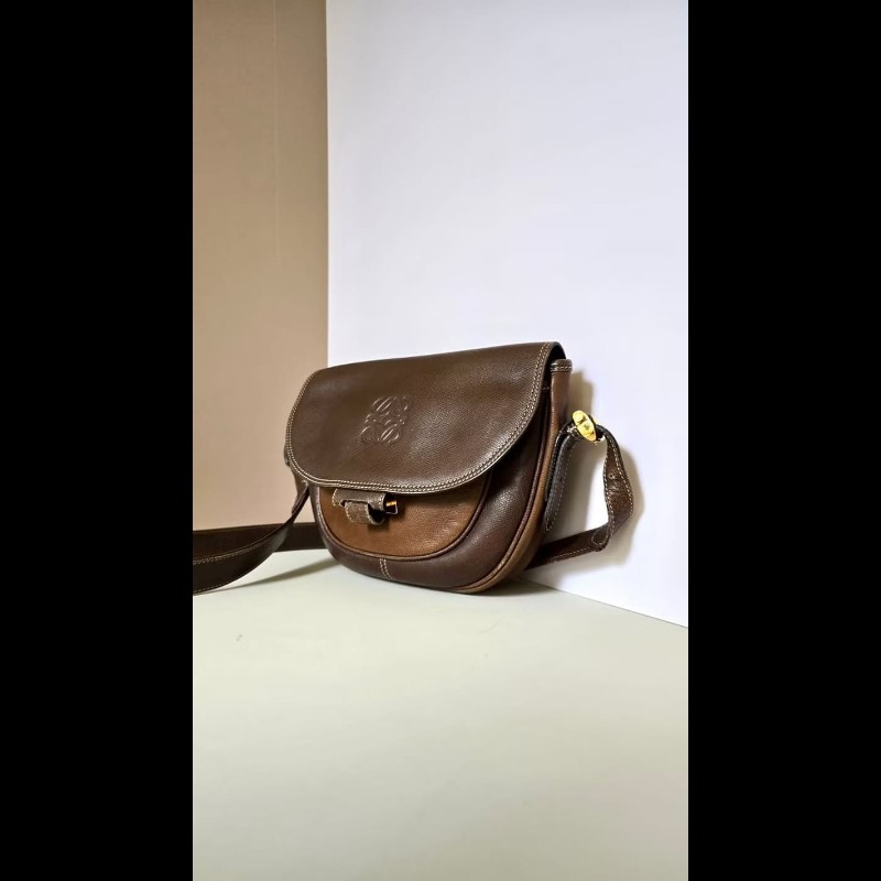 【LA LUNE】絕版古董包 Loewe咖啡色馬鞍側背包 斜背包 皮革包 單肩包 中古包-2