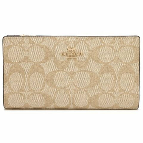 【COACH】滿版LOGO釦式皮革長夾-淺卡其白