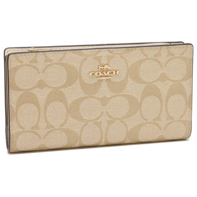 【COACH】滿版LOGO釦式皮革長夾-淺卡其白-1