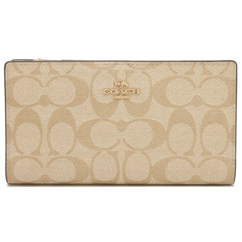 【COACH】滿版LOGO釦式皮革長夾-淺卡其白-4