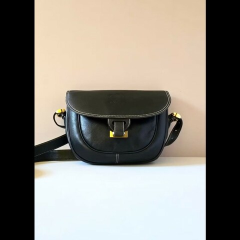 【LA LUNE】絕版古董包 Loewe黑金色馬鞍側背包 斜背包 皮革包 單肩包 中古包