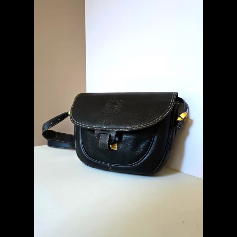 【LA LUNE】絕版古董包 Loewe黑金色馬鞍側背包 斜背包 皮革包 單肩包 中古包-1