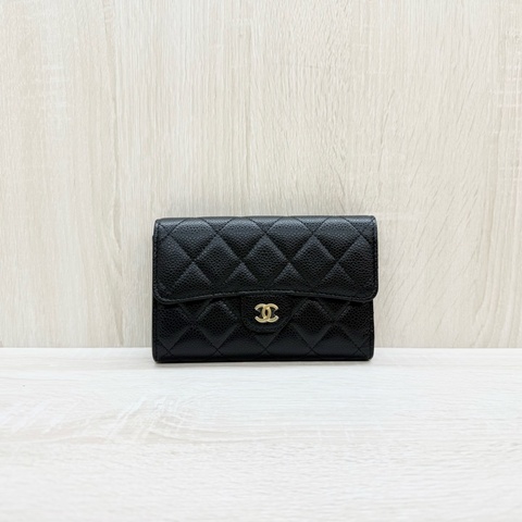 CHANEL黑色牛皮金釦三折中夾AP0232
