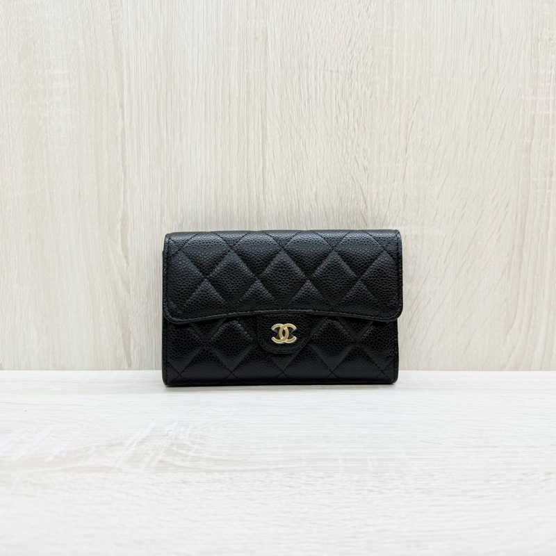 CHANEL黑色牛皮金釦三折中夾AP0232-0