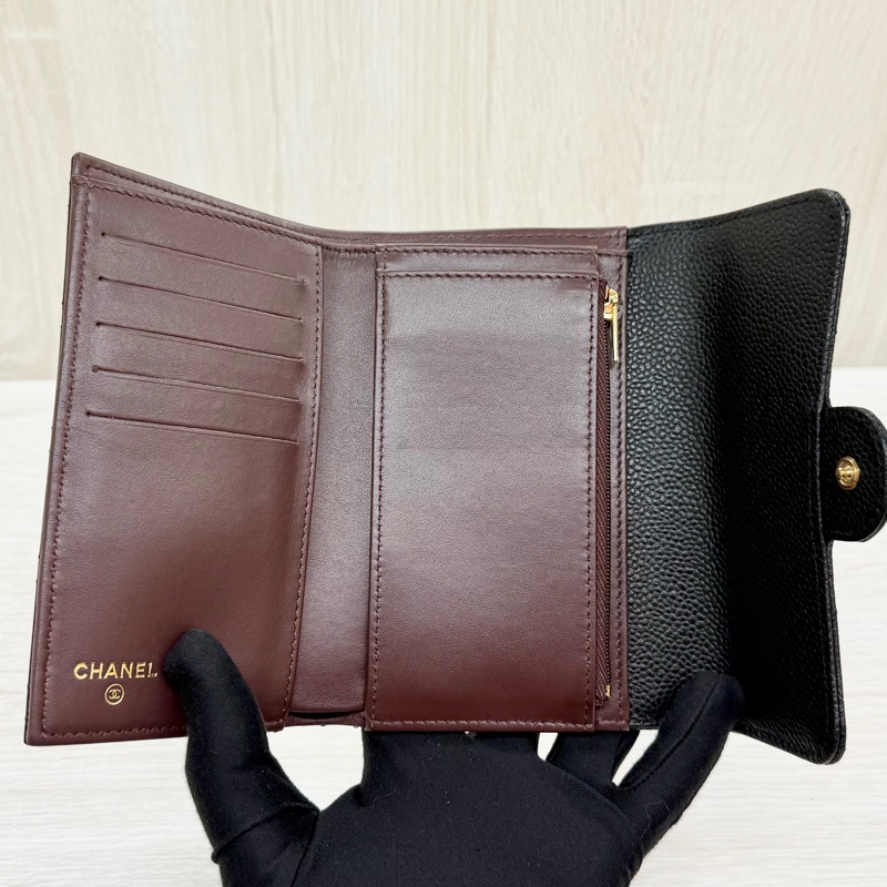 CHANEL黑色牛皮金釦三折中夾AP0232-9
