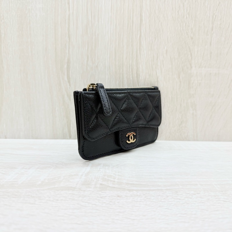 CHANEL黑金牛皮一字拉5卡零錢包AP2570-3