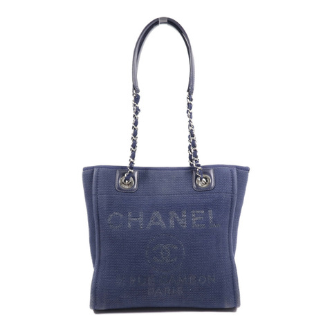 CHANEL 帆布Deauville銀扣鏈帶肩背袋